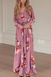 Zeitloses, langärmliges Maxi-Wickelkleid mit Blumendruck